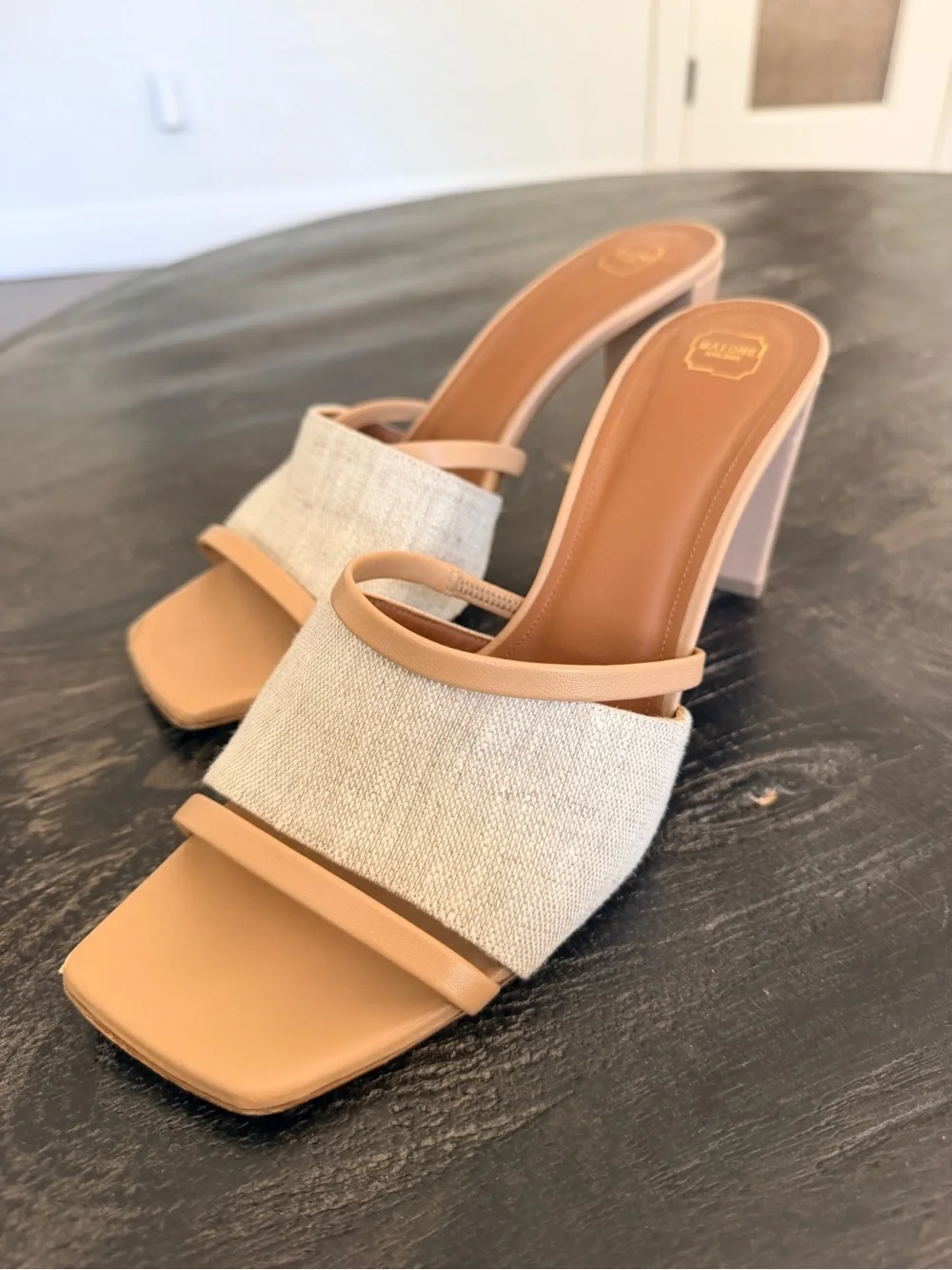 Malone Souliers Demi Linen & Tan Block Heel Mule Slide 42
